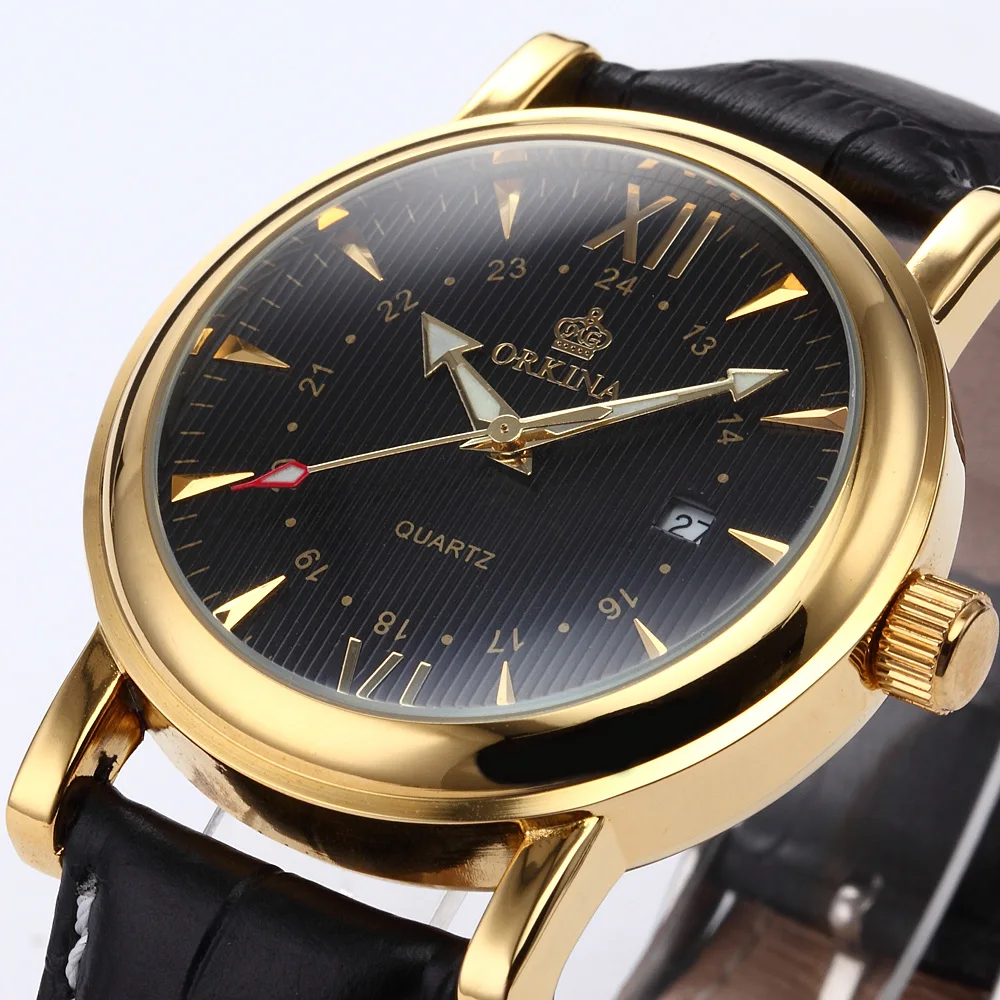 Часы ORKINA мужские аналоговые коричневые из натуральной кожи с ремешком|masculinos