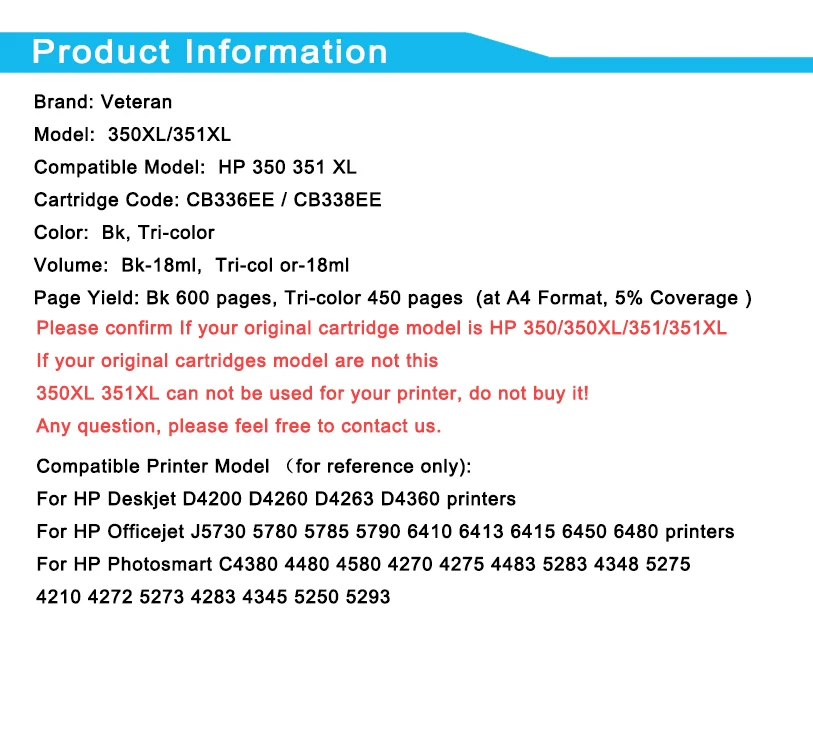 Чернильный картридж Veteran 350XL 351XL для HP 350 351 черный Deskjet D4260 4260 D4360 C4200 5780 5785