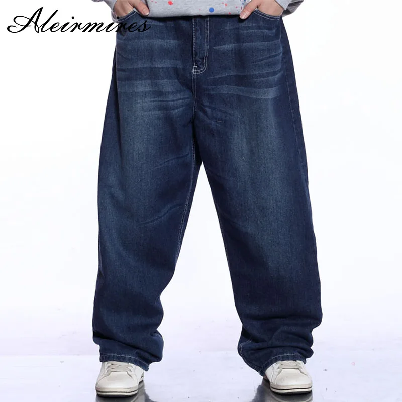 Men Blue Baggy Jeans Bleached Design Hip Hop Mens Wide Leg Denim Pants Male Loose Hiphop Streetwear Skateboarder | Мужская одежда