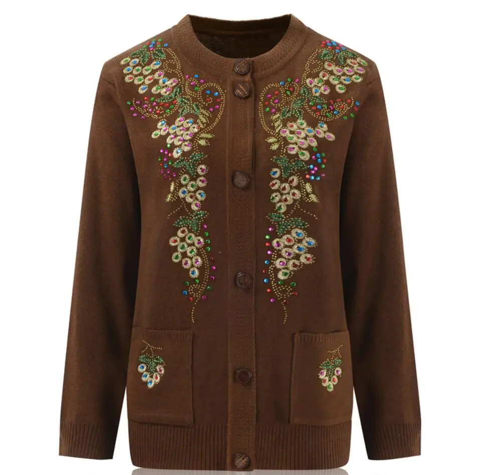 Middle and Old Age Women's Spring Autumn printed Sweater Cardigan 60-70 Year Grandmother Knitted Jacket Cashmere Pockets |