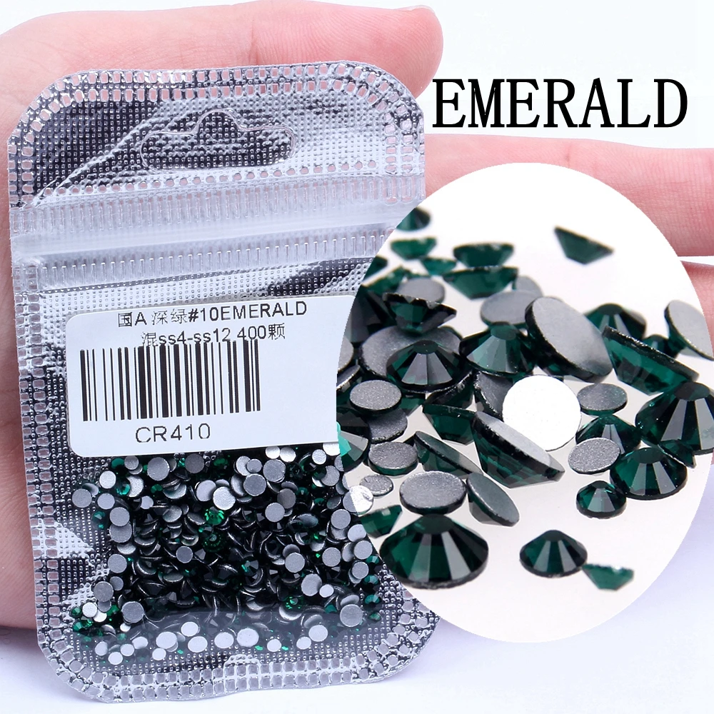 10 EMERALD 400 шт, 60 цветов, разные размеры, ss4-ss12, для дизайна ногтей, не горячей фиксации, хрустальные стразы, сделай сам, плоские с оборота, 3D стеклянные украшения для ногтей, стразы - Цвет: 10 EMERALD
