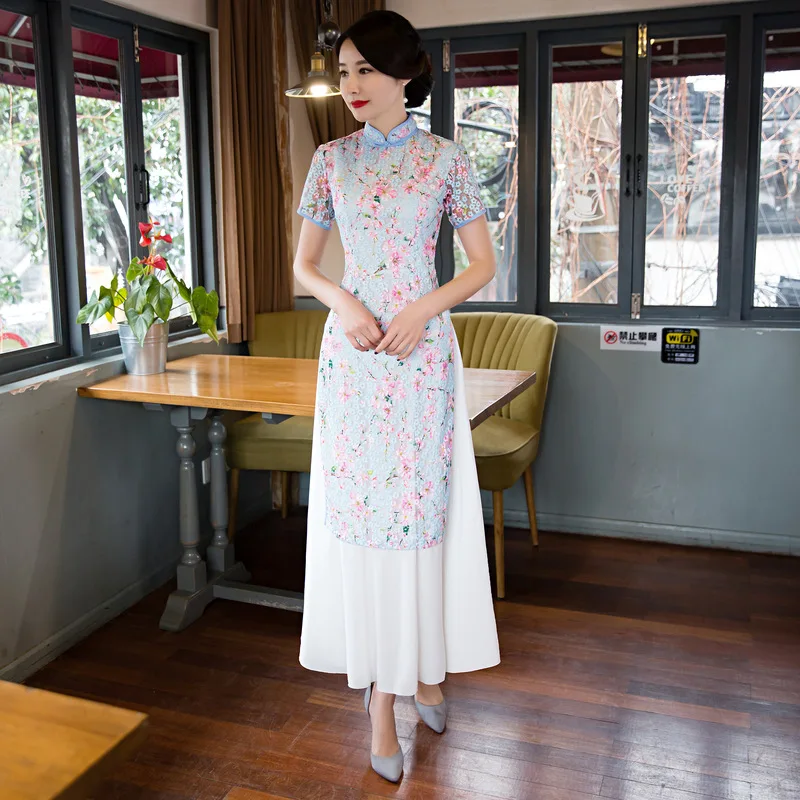 Женское длинное платье Ципао Cheong-sam кружевное реформирующее вьетнамское