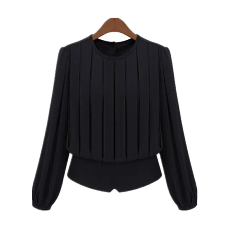 Блузка женская с круглым вырезом стильная рубашка в офисном стиле длинным