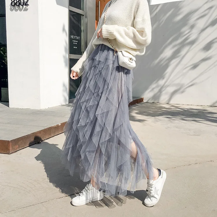 Женская длинная фатиновая Юбка Faldas Mujer Moda плиссированная сетчатая юбка с высокой