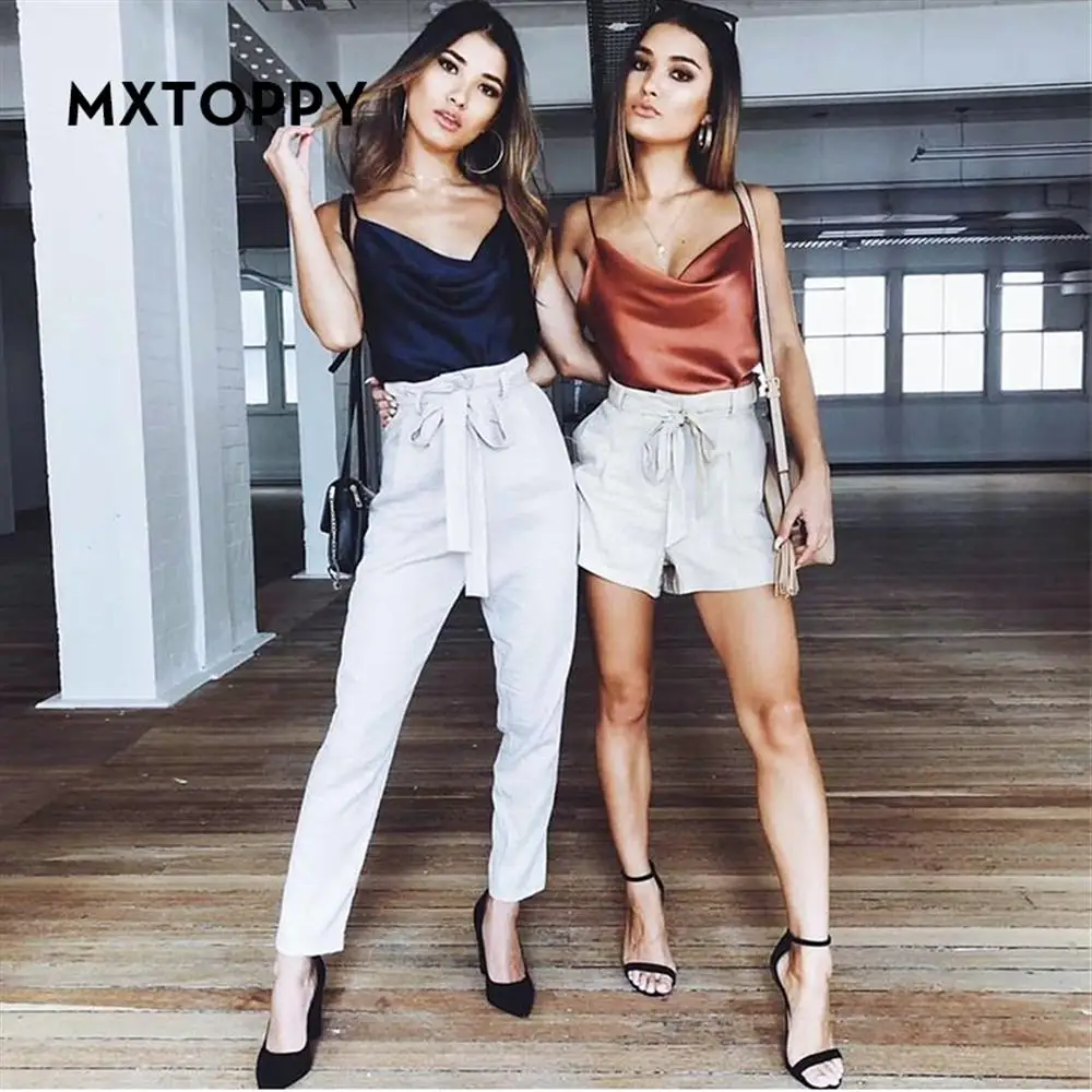 Mxtoppy Атласный Женский Топ 2019 летние майки жилет ремень без рукавов Твердые