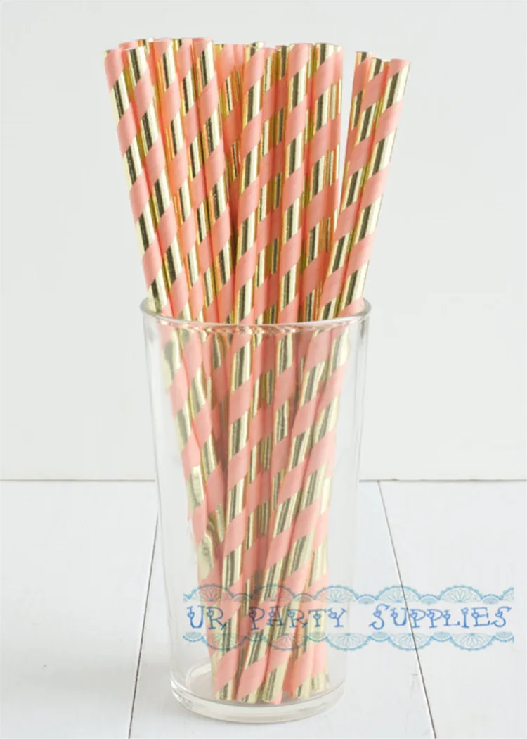 Бесплатная доставка 200 шт Золотая фольга и персиковые розовые бумажные трубочки