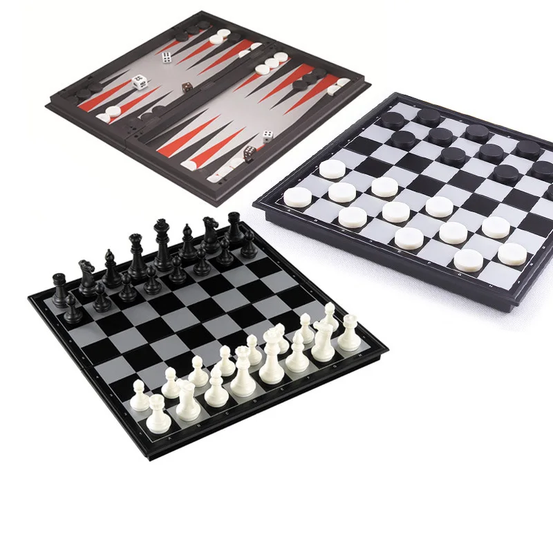 Magnetic Chess Backgammon Checkers Set Road Foldable Board Game 3-in-1 International Chess Folding Chess Portable Board Game