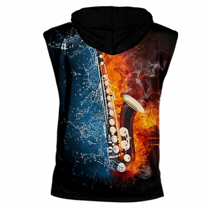 Мужская майка с капюшоном UJWI креативная 3D принтом и прострочкой саксофона