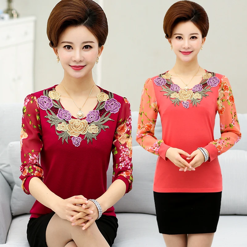 

2018 Autumn New Middle Aged Long Sleeve T Shirt Women Middle Aged Mother Clothing Fashion Long Style Chiffon Tops