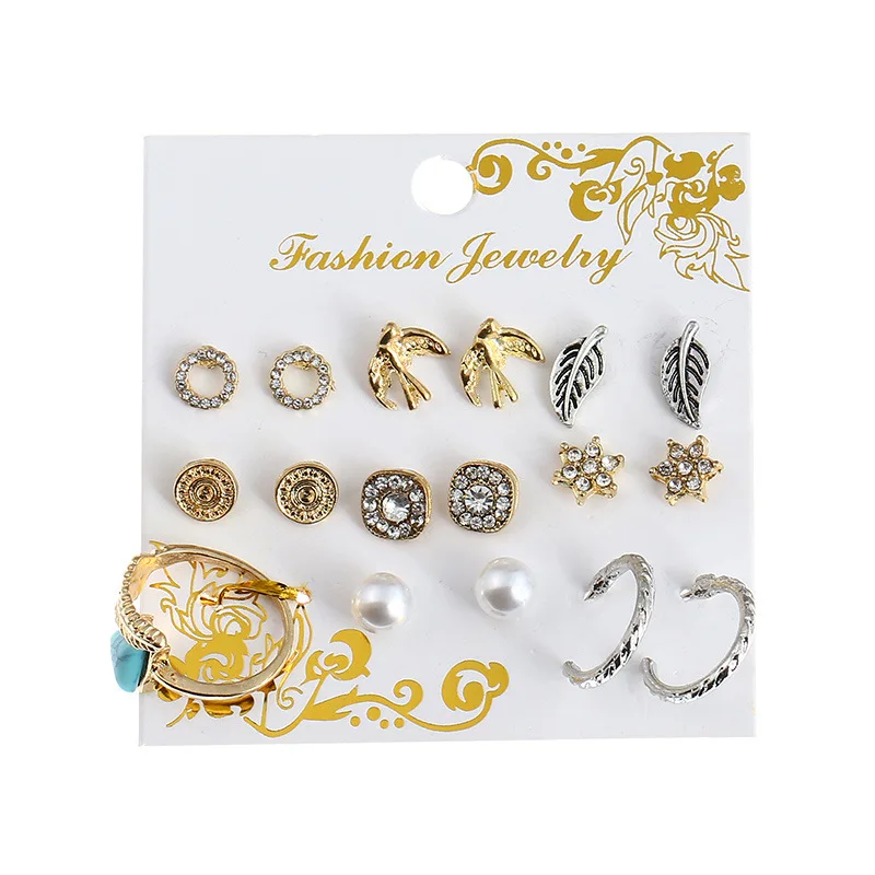 Серьга набор колец лист звезда серьги-гвоздики в виде птицы регулируемое кольцо