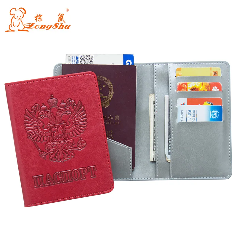 

Russian gray Oil PU Leather Passport Cover complex red Travel Passport Cover Built in RFID Blocking Protect personal information