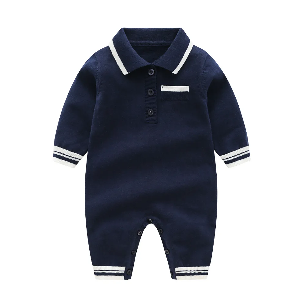 Dark Blue Хлопковая трикотажная одежда для маленьких мальчиков комбинезоны с длинными рукавами для новорожденных, весенние детские комбинезоны с отложным воротником - Цвет: Dark Blue
