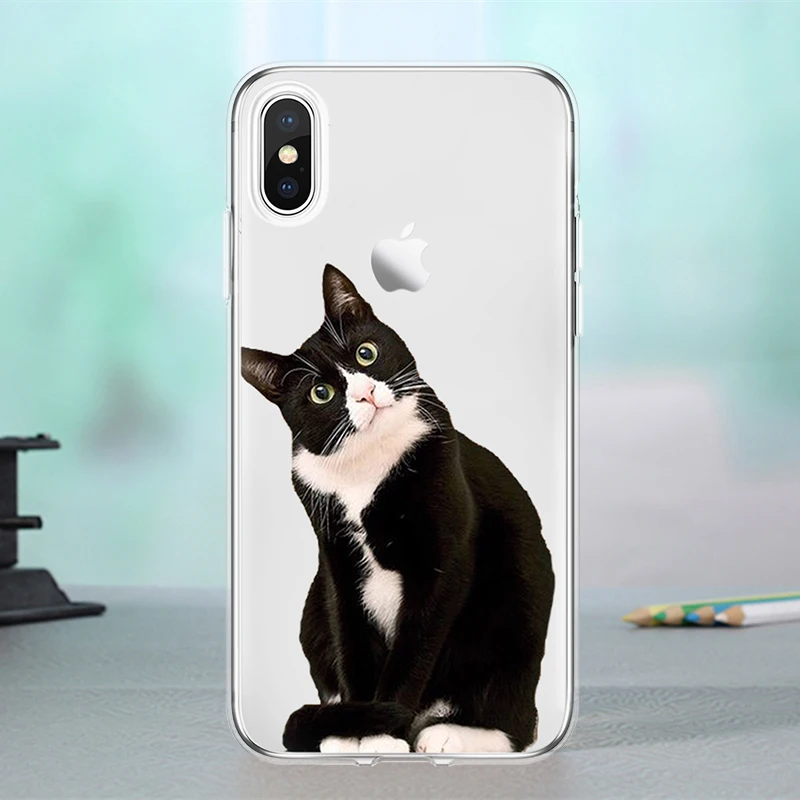 Милый Черный Белый Кот Чехол для iphone 5 5S SE 6 6S 7 8 Plus X XR Xs Max чехол для Fundas iphone X чехол - Цвет: mao-wait