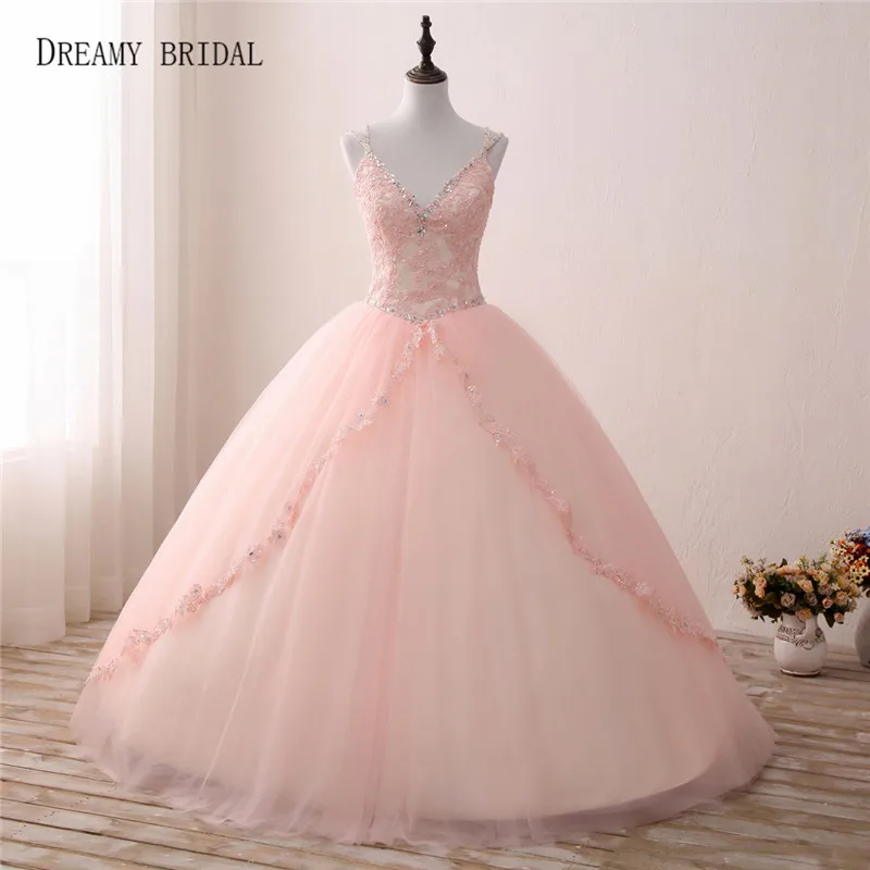 2017 Пышное розовое платье для невесты бальное Vestidos de 15 Anos с v образным вырезом на