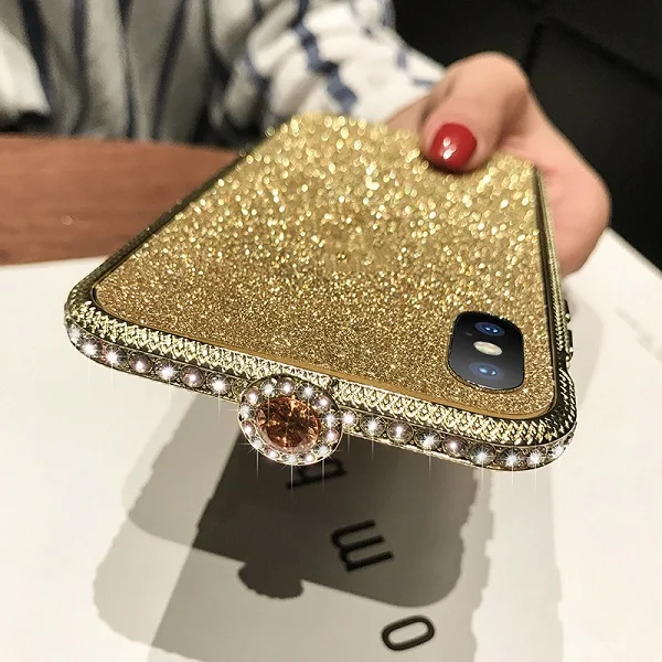Gold Стразы-бампер для iPhone XS X 6 6s 7 8 Plus, блестящий металлический чехол с бриллиантами, чехол+ Защитная пленка на заднюю панель - Цвет: Gold