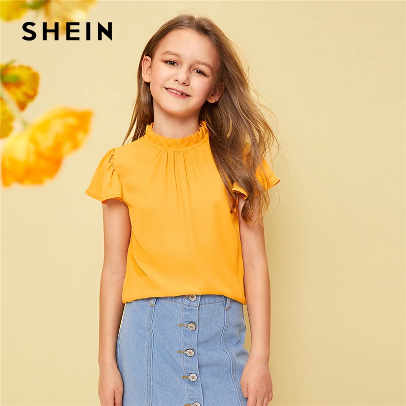 SHEIN детский для девочек имбирь твердых со стоячим воротником жабо милая блузка детская одежда с оборками рукавом гофрированное, с пуговицами сзади Топы