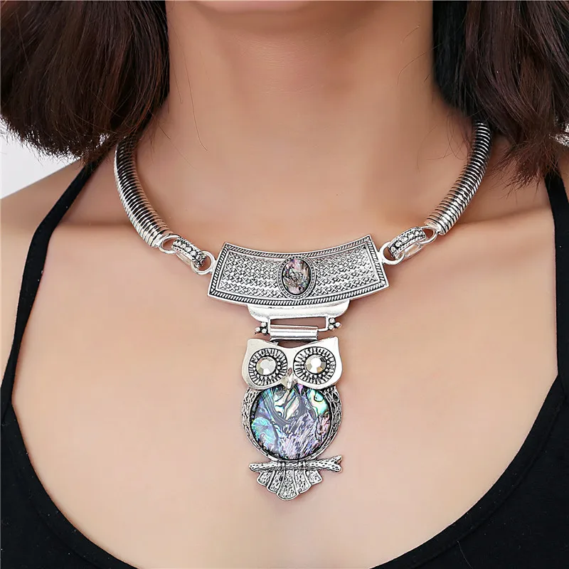 

2018 New bohemia Choker necklace Owl pendants Abalone shell statement choker necklace antique tribal ethnic boho Women jewelry