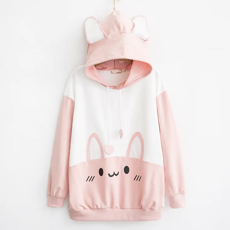 Милый кролик женские белые толстовки kawaii заячьи уши милые графические кофты японский Harajuku милые девушки розовый синий пуловер