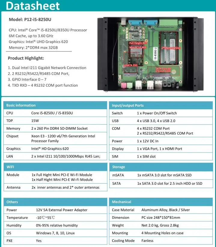 Hystou Мини ПК 4 k Поддержка i5 8250u ddr4 4G SIM GPIO порт windows10 linux pfsence безвентиляторный промышленный компьютер rs232 r485 com
