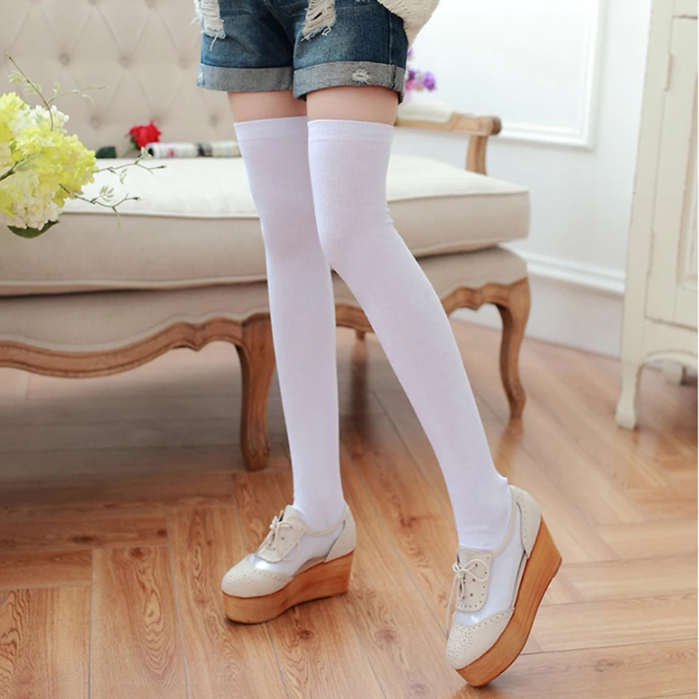 

Женские эластичные чулки до бедра, осенне-зимние хлопковые чулки выше колена в стиле Харадзюку, однотонные школьные длинные чулки для девоч...