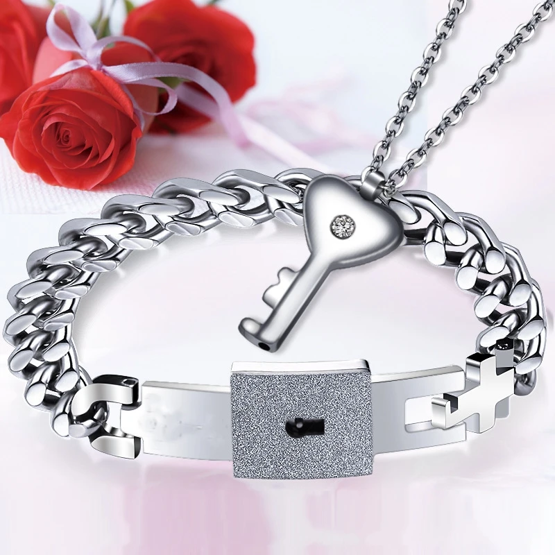 Замок & ключ влюбленных Ювелирные наборы из нержавеющей стали широкие браслеты