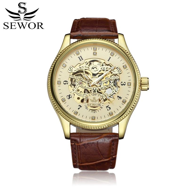 SEWOR механические Автоматические часы для мужчин с кожаным скелетом Mecanico