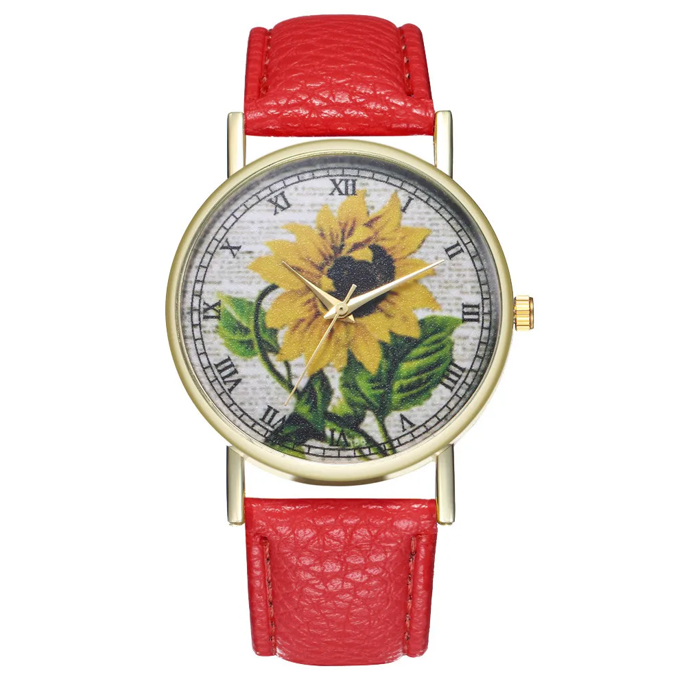 Женские кварцевые часы с кожаным ремешком изображением подсолнуха | Наручные