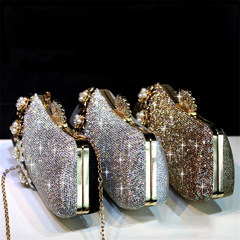 Luxury Handbag Crystal Clutch Women Bridal Wedding Shoulder Bag Floral Genuine Leather Rhinestone Purse Chain Evening Party Bags