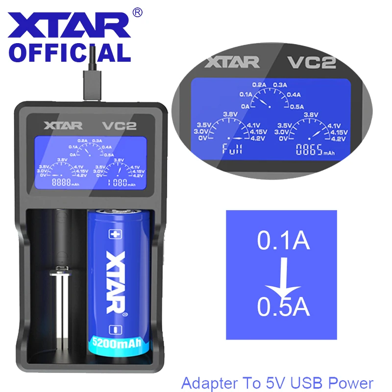

XTAR VC2 18650 Battery Charger Test Real Capacity Display USB Charger For 10400-26650 Li-Ion Betteries 20700 21700 18650 Charger