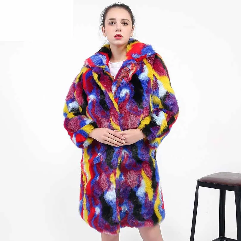 BHUNATI, новинка, пальто из искусственного меха, разноцветные куртки, для женщин, зимнее, кроличий мех, длинное пальто, мягкое, теплое, цвета радуги, верхняя одежда для женщин - Цвет: multicolor