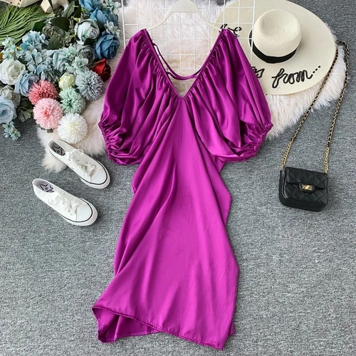 Фиолетовый OCEANLOVE Ретро однотонные тонких пластин, покрытое Vestidos Элегантные корейские туфли-лодочки, цвета: женский с пышными рукавами платье Лето v-образный вырез миди платья 12361 - Цвет: Фиолетовый