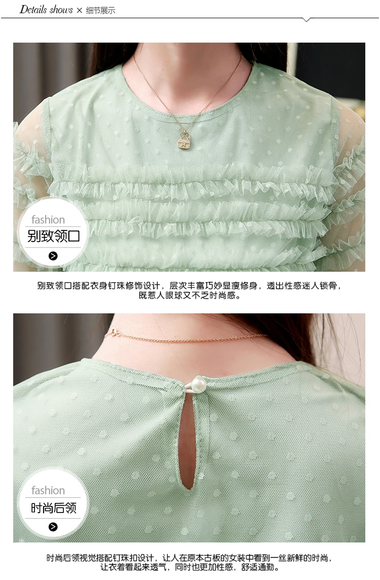 Новый 2019 летние женские Flare рукавом Блузки с сетчатыми оборками элегантные