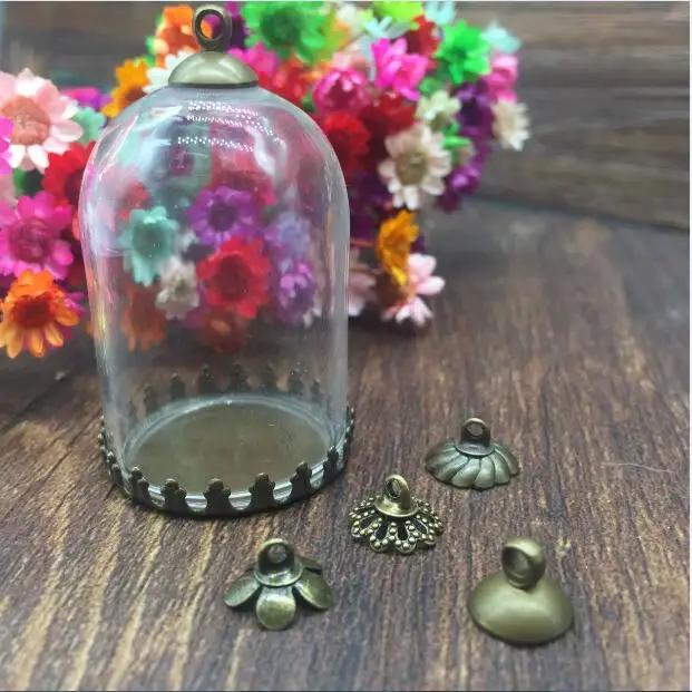 

50sets/lot 38*25mm bell glass globe crown base beads cap set glass vial pendants glass cover dome necklace pendant cute charms