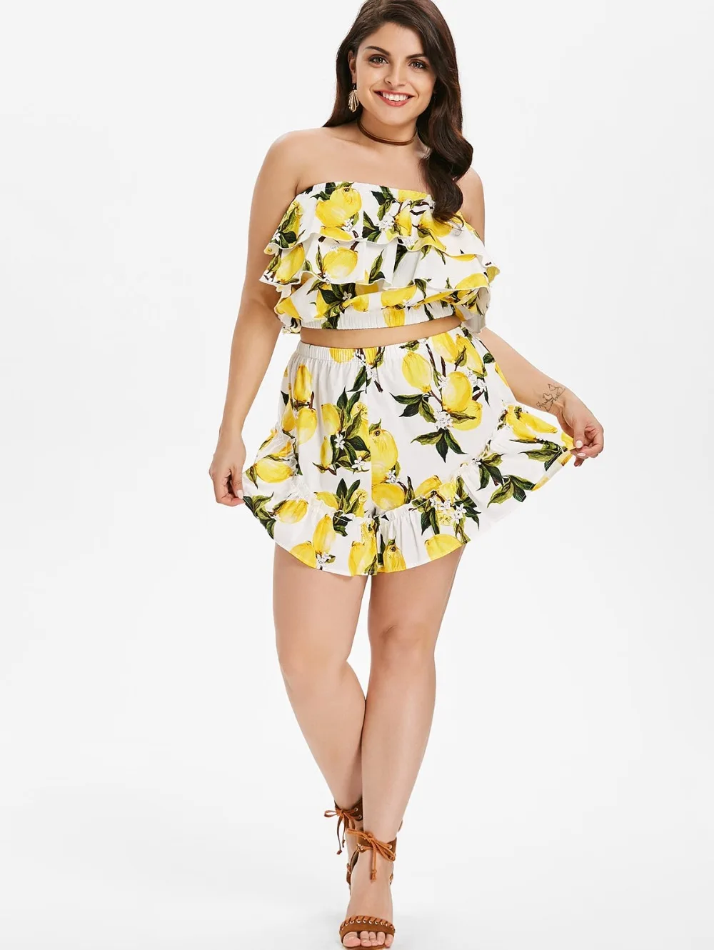 4XL плюс Размеры Волан с лимонным принтом Шорты Комплект Для женщин хлопковые