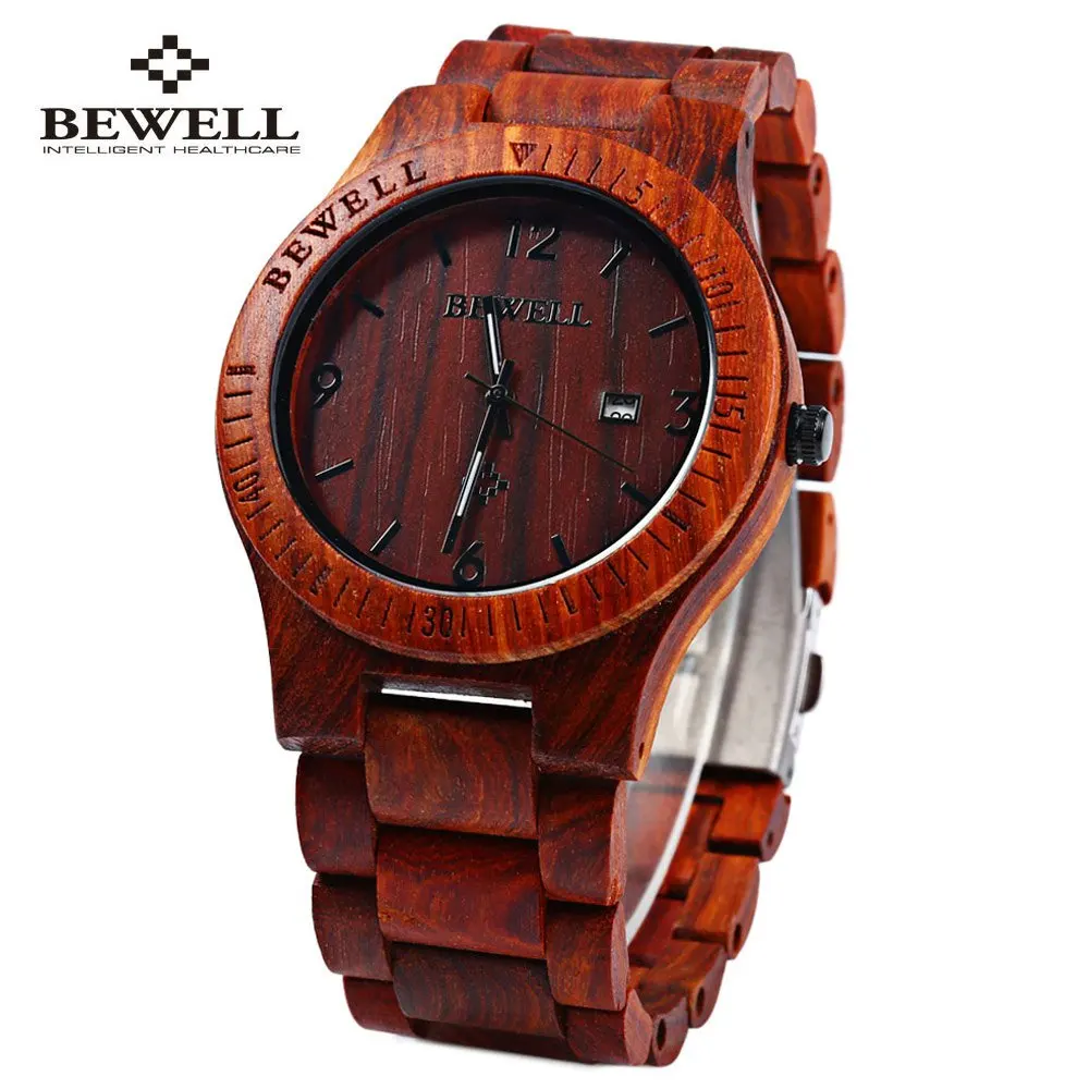 RED SANDALWOOD Bewell ZS-W086B Роскошные брендовые деревянные часы Мужские Аналоговые кварцевые часы с датой водонепроницаемые мужские наручные часы relogio masculino - Цвет: RED SANDALWOOD