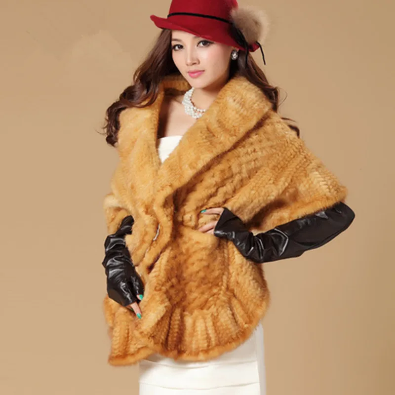 Роскошная зимняя женская шаль из натурального меха норки с оборками на подоле