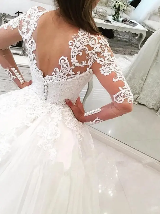 

Vintage Appliques Long Sleeve Detachable Train Wedding Dress 2019 Wedding Gowns Buttons Backless Bridal Dress robe de mariee