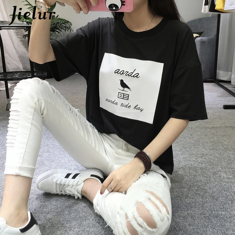 Jielur 2019 летняя футболка для женщин Харадзюку корейский стиль птица мультфильм