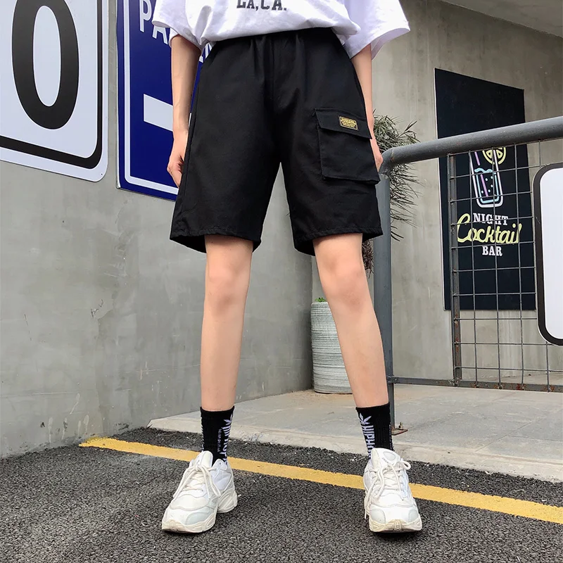 Шорты женские летние Harajuku корейский стиль пара Простые ретро женские s Карго спортивные Свободные повседневные Карманы Прямые BF короткие эластичные - Цвет: black