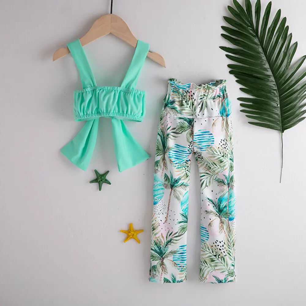 Pudcoco 2019 Brand Cute Fashion Kids Baby Girl Summer Bow-knot Crop Off Shoulder Outfits Tube Top+Floral Pants 2PCS Clothes Set | Детская