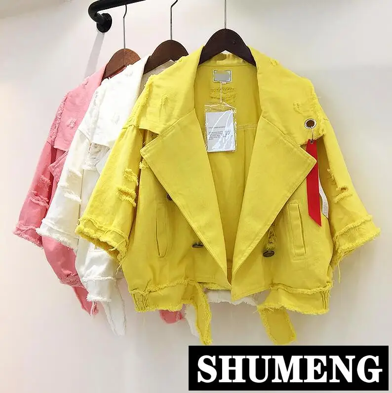 Женская короткая джинсовая куртка однотонная Свободная карамельных цветов с