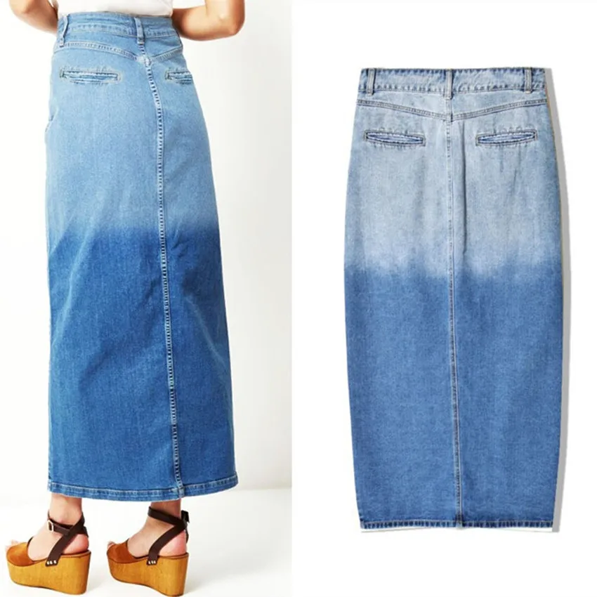 2019 women clothing high waist split pure cotton washed denim pencil skirt Female fashion vintage slim Midi long jean skirts | Женская