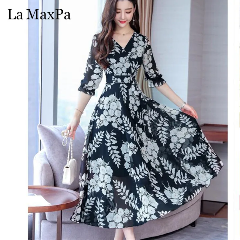 High Quality Plus Size Fashion Autumn New Arrival Collect Waist 3/4 Sleeve FeatherPrinting Woman Long V Neck Chiffon Dress