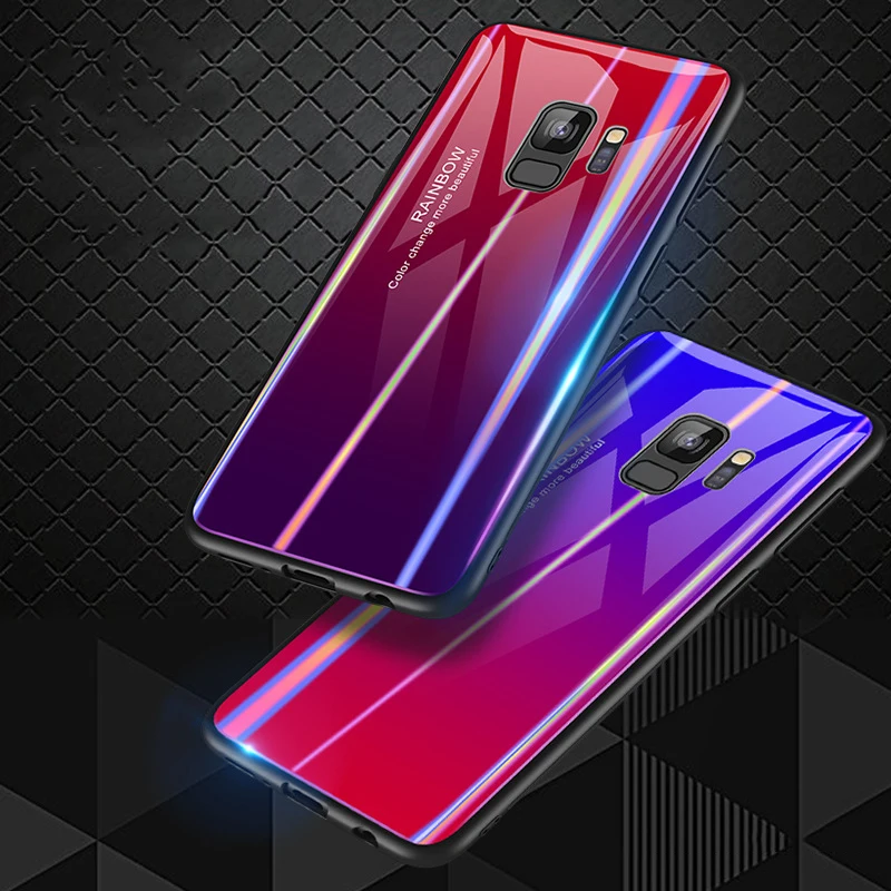 Tempered Glass + TPU Case For Samsung Galaxy S9 Plus Note 9 Colorful Cover Coque Gradient Back Phone |