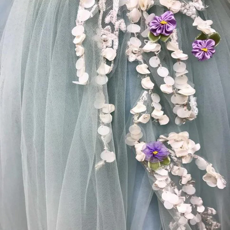 

Long Evening Dress 2019 V-Neck Short Sleeve Handmade flowers Arabic High Slit Jade Tull Formal Evening Gowns Saudi Arabia