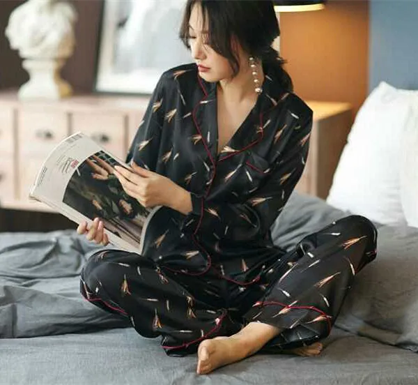 Пижамы для Для женщин 2 шт. осень-зима пижамы сна высококлассные s шелковый атлас