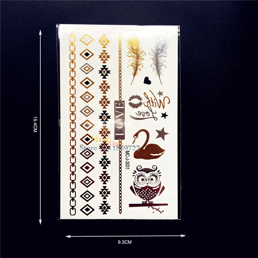 1 шт. дизайн Совы Золотая вспышка металлические водостойкие татуировки перо