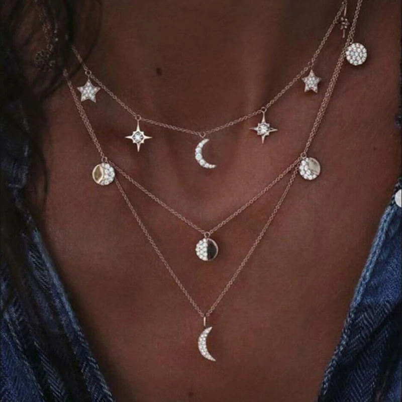 

XIYANIKE Bohemian Moon Star Rhinestone Pendant Necklaces For Women Vintage Choker Multi layer Necklace Statement Jewelry N107