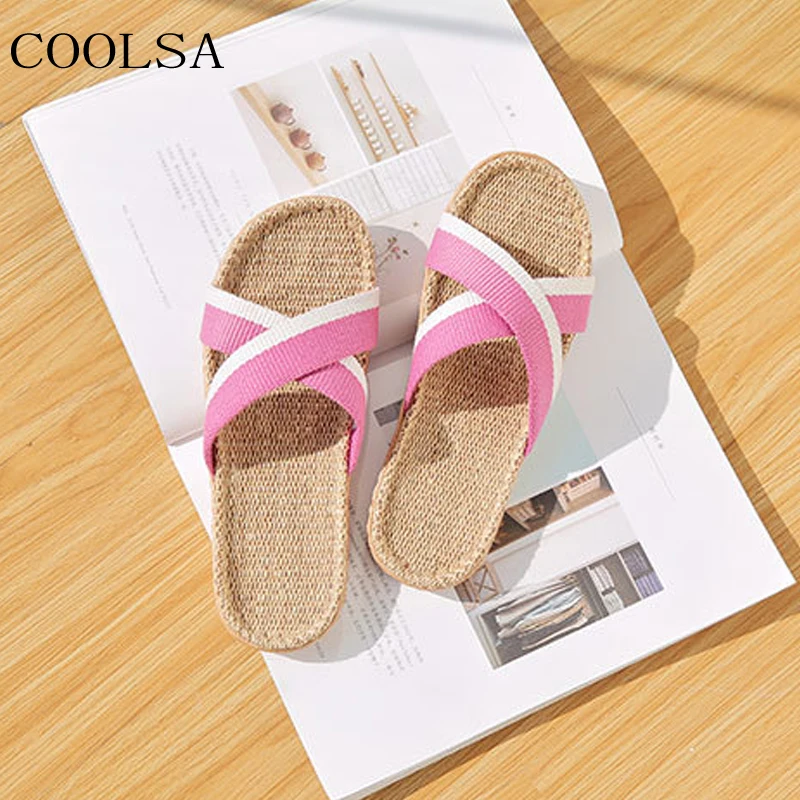 Новая женская льняная Летние туфли на плоской подошве Полоска и крест тапочки