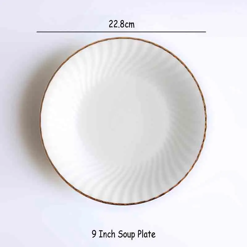 9 Soup Plate Обеденная тарелка, суповая чаша, чашка и блюдце, набор посуды, золотой край, белая вращающаяся рельефная Золотая посуда, столовые приборы из костяного фарфора, 1 шт - Цвет: 9 Soup Plate